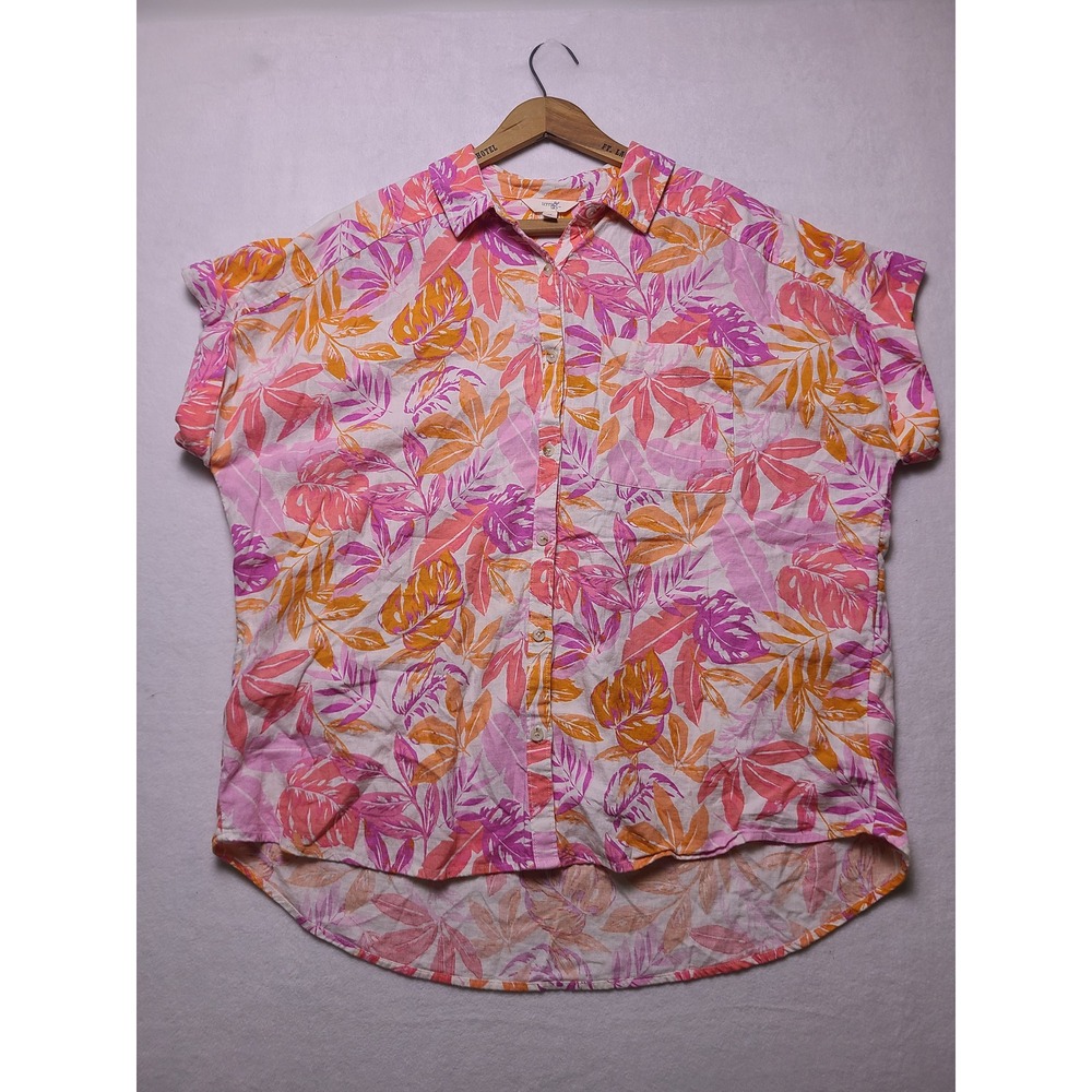 Women 0X Button Up Shirt Tropical Vacation Pink Orange Linen Blend Top Cruise